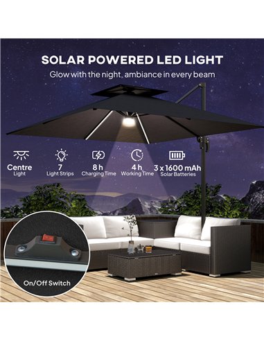 Outsunny 2.5m Cantilever Parasol with Solar Powered LED Lights, 360° Rotation, Tilt Adjustment, Crank Handle, Dark Grey