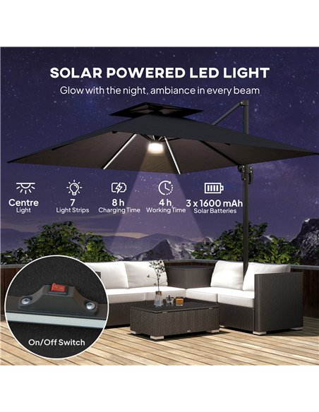 Outsunny 2.5m Cantilever Parasol with Solar Powered LED Lights, 360° Rotation, Tilt Adjustment, Crank Handle, Dark Grey - pic 189007 | FastDaddyshop