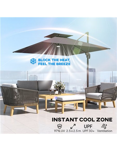 Outsunny 2.5m Cantilever Parasol with Solar Powered LED Lights, 360° Rotation, Tilt Adjustment, Crank Handle, Dark Grey - pic 189008 | FastDaddyshop