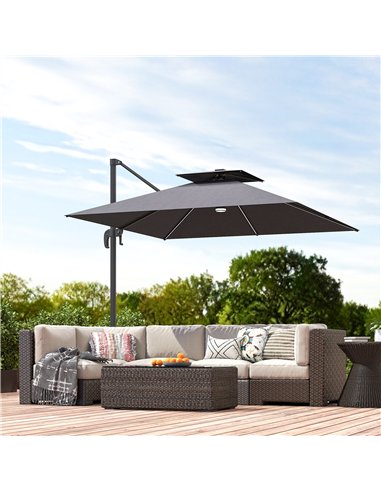 Outsunny 2.5m Cantilever Parasol with Solar Powered LED Lights, 360° Rotation, Tilt Adjustment, Crank Handle, Dark Grey