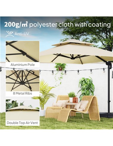 Outsunny 2.7 x 2.7 m Cantilever Parasol with Aluminium Frame, Crank and Tilt, 360-Degree Rotation, Double Top Garden Umbrella wi