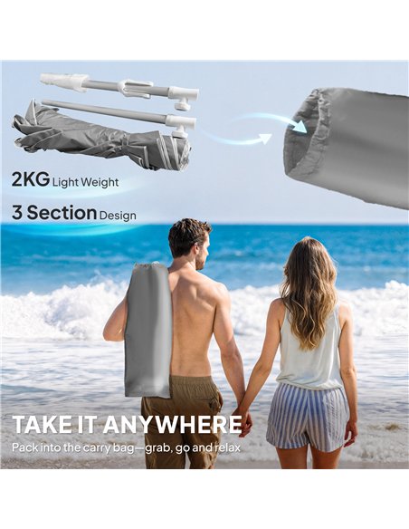 Outsunny Beach Umbrella Portable with Sand Anchor, Carry Bag, Adjustable Height & Tilt, UPF50+ UV Protection, Grey - pic 189092 | FastDaddyshop