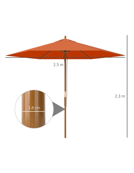 Outsunny 2.5m Wood Garden Parasol Sun Shade Patio Outdoor Wooden Umbrella Canopy, Table Market Umbrella with Vent, 38mm Pole, Ro - pic 189096 | FastDaddyshop