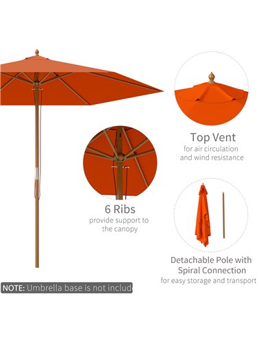 Outsunny 2.5m Wood Garden Parasol Sun Shade Patio Outdoor Wooden Umbrella Canopy, Table Market Umbrella with Vent, 38mm Pole, Ro