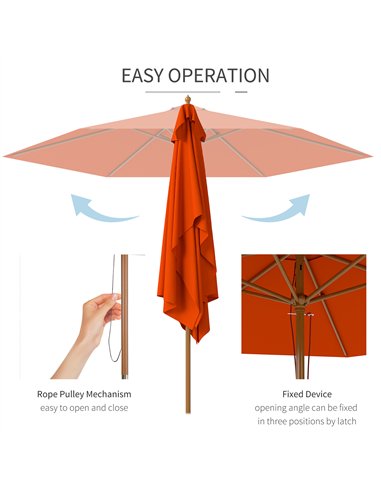 Outsunny 2.5m Wood Garden Parasol Sun Shade Patio Outdoor Wooden Umbrella Canopy, Table Market Umbrella with Vent, 38mm Pole, Ro