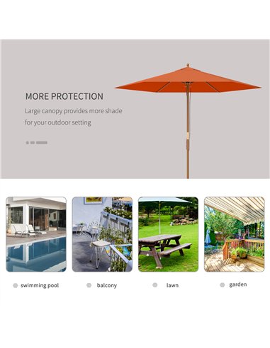 Outsunny 2.5m Wood Garden Parasol Sun Shade Patio Outdoor Wooden Umbrella Canopy, Table Market Umbrella with Vent, 38mm Pole, Ro
