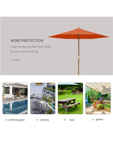 Outsunny 2.5m Wood Garden Parasol Sun Shade Patio Outdoor Wooden Umbrella Canopy, Table Market Umbrella with Vent, 38mm Pole, Ro - pic 189099 | FastDaddyshop