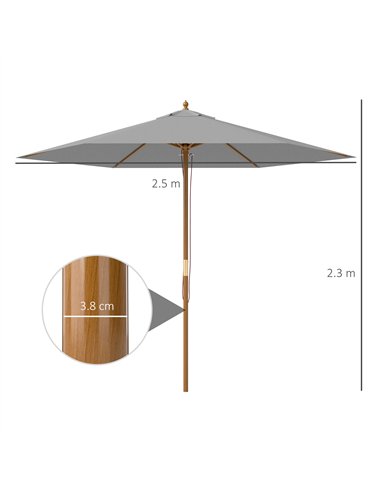 Outsunny 2.5m Wood Garden Parasol Sun Shade Patio Outdoor Wooden Umbrella Canopy, Table Market Umbrella with Vent, 38mm Pole, Ro