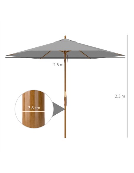 Outsunny 2.5m Wood Garden Parasol Sun Shade Patio Outdoor Wooden Umbrella Canopy, Table Market Umbrella with Vent, 38mm Pole, Ro - pic 189123 | FastDaddyshop