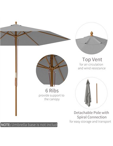 Outsunny 2.5m Wood Garden Parasol Sun Shade Patio Outdoor Wooden Umbrella Canopy, Table Market Umbrella with Vent, 38mm Pole, Ro
