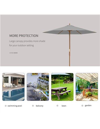 Outsunny 2.5m Wood Garden Parasol Sun Shade Patio Outdoor Wooden Umbrella Canopy, Table Market Umbrella with Vent, 38mm Pole, Ro