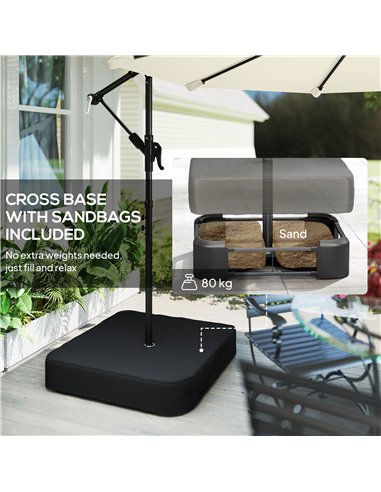Outsunny 3 m Garden Cantilever Parasol with Cross Base, Sandbag, 360° Rotating Overhanging Banana Umbrella, Cream White