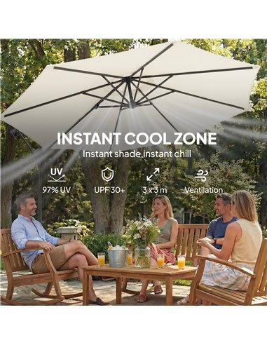 Outsunny 3 m Garden Cantilever Parasol with Cross Base, Sandbag, 360° Rotating Overhanging Banana Umbrella, Cream White
