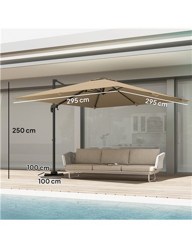 Outsunny 3 x 3 m Cantilever Parasol, Square Patio Umbrella with Crank Handle, Cross Base, Tilt, 360° Rotation, Khaki