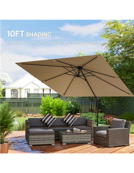 Outsunny 3 x 3 m Cantilever Parasol, Square Patio Umbrella with Crank Handle, Cross Base, Tilt, 360° Rotation, Khaki - pic 189187 | FastDaddyshop