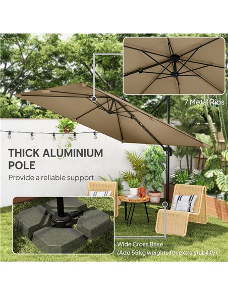 Outsunny 3 x 3 m Cantilever Parasol, Square Patio Umbrella with Crank Handle, Cross Base, Tilt, 360° Rotation, Khaki - pic 189190 | FastDaddyshop