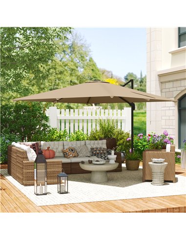 Outsunny 3 x 3 m Cantilever Parasol, Square Patio Umbrella with Crank Handle, Cross Base, Tilt, 360° Rotation, Khaki