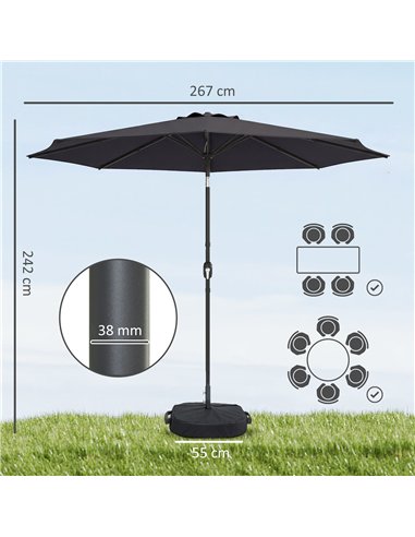 Outsunny 2.7 m Garden Parasol Umbrella with Cross Base and Sandbag, Retractable Ribs, Outdoor Table Market Umbrella, Black