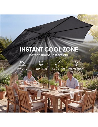 Outsunny 2.7 m Garden Parasol Umbrella with Cross Base and Sandbag, Retractable Ribs, Outdoor Table Market Umbrella, Black