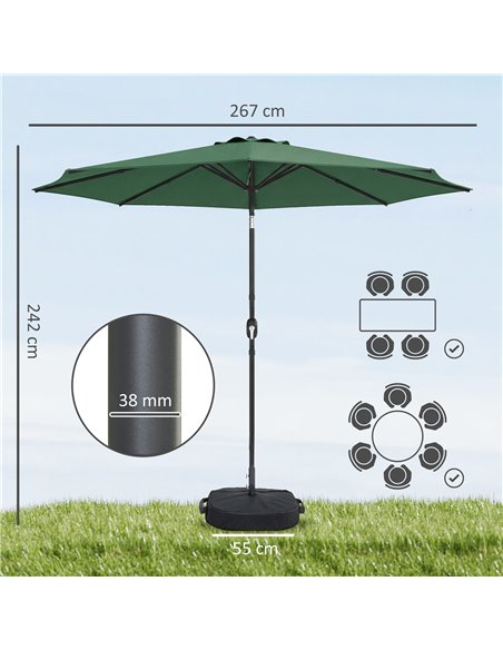 Outsunny 2.7 m Garden Parasol Umbrella with Cross Base and Sandbag, Retractable Ribs, Outdoor Table Market Umbrella, Green - pic 189204 | FastDaddyshop