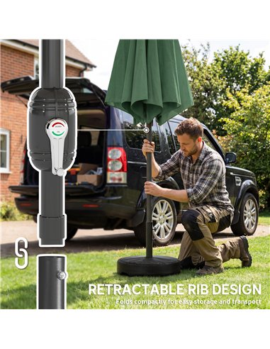 Outsunny 2.7 m Garden Parasol Umbrella with Cross Base and Sandbag, Retractable Ribs, Outdoor Table Market Umbrella, Green