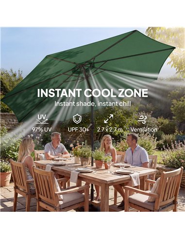 Outsunny 2.7 m Garden Parasol Umbrella with Cross Base and Sandbag, Retractable Ribs, Outdoor Table Market Umbrella, Green