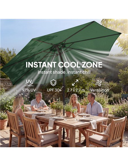 Outsunny 2.7 m Garden Parasol Umbrella with Cross Base and Sandbag, Retractable Ribs, Outdoor Table Market Umbrella, Green - pic 189207 | FastDaddyshop