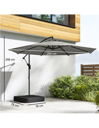 Outsunny 3 m Garden Cantilever Parasol with Cross Base, Sandbag, 360° Rotating Overhanging Banana Umbrella, Grey