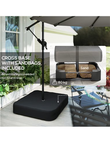 Outsunny 3 m Garden Cantilever Parasol with Cross Base, Sandbag, 360° Rotating Overhanging Banana Umbrella, Grey