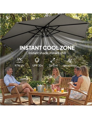 Outsunny 3 m Garden Cantilever Parasol with Cross Base, Sandbag, 360° Rotating Overhanging Banana Umbrella, Grey