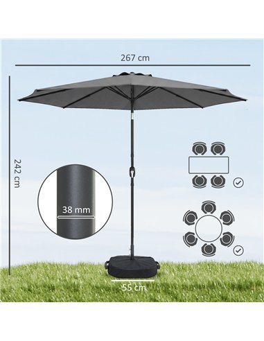 Outsunny 2.7 m Garden Parasol Umbrella with Cross Base and Sandbag, Retractable Ribs, Outdoor Table Market Umbrella, Light Grey