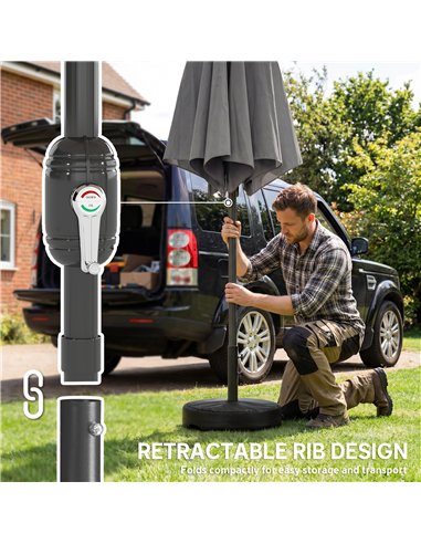 Outsunny 2.7 m Garden Parasol Umbrella with Cross Base and Sandbag, Retractable Ribs, Outdoor Table Market Umbrella, Light Grey