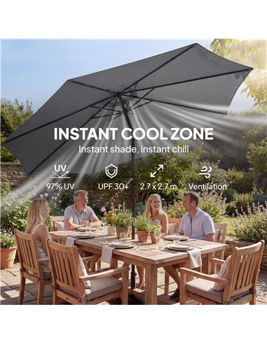 Outsunny 2.7 m Garden Parasol Umbrella with Cross Base and Sandbag, Retractable Ribs, Outdoor Table Market Umbrella, Light Grey