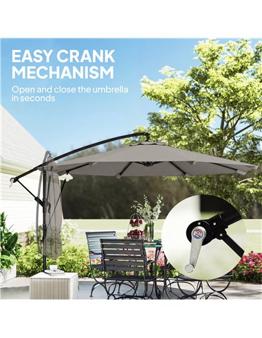 Outsunny 3 m Cantilever Parasol with Protective Cover and Wind Ropes, Banana Parasol with Crank Handle, Light Grey