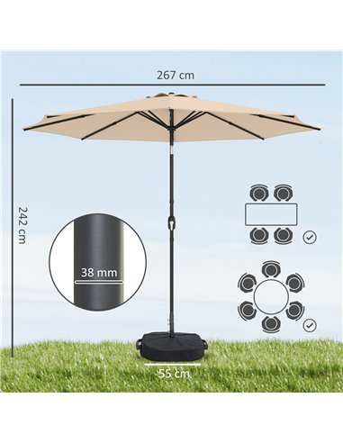 Outsunny 2.7 m Garden Parasol Umbrella with Cross Base and Sandbag, Retractable Ribs, Outdoor Table Market Umbrella, Khaki