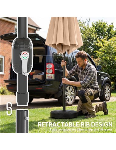 Outsunny 2.7 m Garden Parasol Umbrella with Cross Base and Sandbag, Retractable Ribs, Outdoor Table Market Umbrella, Khaki