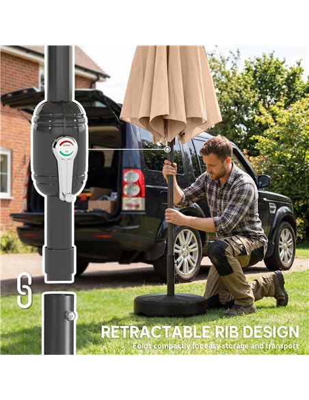 Outsunny 2.7 m Garden Parasol Umbrella with Cross Base and Sandbag, Retractable Ribs, Outdoor Table Market Umbrella, Khaki - pic 189260 | FastDaddyshop