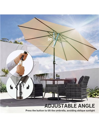 Outsunny 2.7 m Garden Parasol Umbrella with Cross Base and Sandbag, Retractable Ribs, Outdoor Table Market Umbrella, Khaki