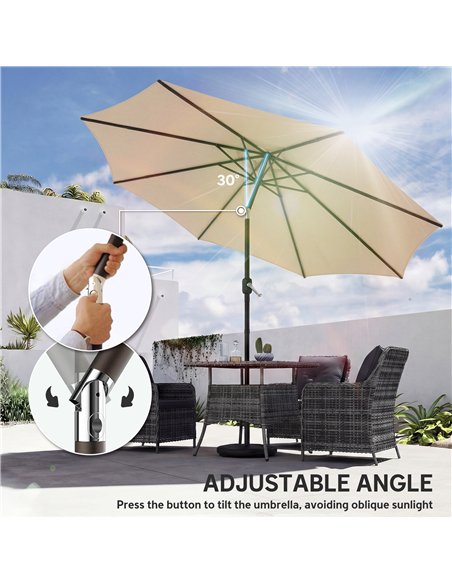 Outsunny 2.7 m Garden Parasol Umbrella with Cross Base and Sandbag, Retractable Ribs, Outdoor Table Market Umbrella, Khaki - pic 189261 | FastDaddyshop