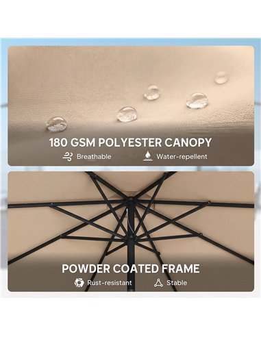 Outsunny 2.7 m Garden Parasol Umbrella with Cross Base and Sandbag, Retractable Ribs, Outdoor Table Market Umbrella, Khaki