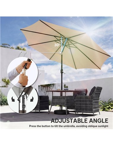 Outsunny 2.7 m Garden Parasol Umbrella with Cross Base and Sandbag, Retractable Ribs, Outdoor Table Market Umbrella, Khaki