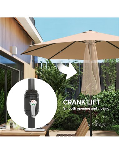 Outsunny 2.7 m Garden Parasol Umbrella with Cross Base and Sandbag, Retractable Ribs, Outdoor Table Market Umbrella, Khaki
