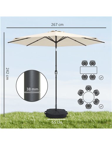 Outsunny 2.7 m Garden Parasol Umbrella with Cross Base and Sandbag, Retractable Ribs, Outdoor Table Market Umbrella, Cream White