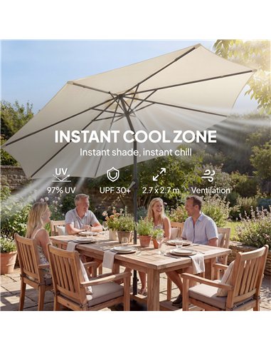 Outsunny 2.7 m Garden Parasol Umbrella with Cross Base and Sandbag, Retractable Ribs, Outdoor Table Market Umbrella, Cream White