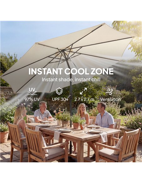 Outsunny 2.7 m Garden Parasol Umbrella with Cross Base and Sandbag, Retractable Ribs, Outdoor Table Market Umbrella, Cream White - pic 189270 | FastDaddyshop
