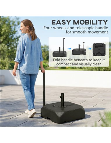 Outsunny Garden Parasol Base with Wheels, Telescopic Handle, 72 kg /45 kg Fillable Sun Umbrella Base Parasol Stand, Black