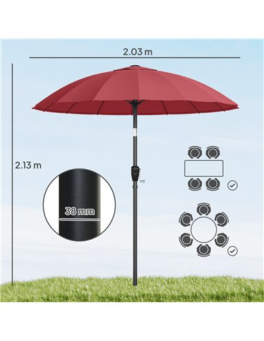 Outsunny 2 m Shanghai Garden Parasol Umbrella with 16 Fibreglass Ribs, Outdoor Parasol Sun Shade with Crank & Tilt, Wine Red