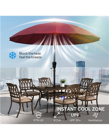 Outsunny 2 m Shanghai Garden Parasol Umbrella with 16 Fibreglass Ribs, Outdoor Parasol Sun Shade with Crank & Tilt, Wine Red