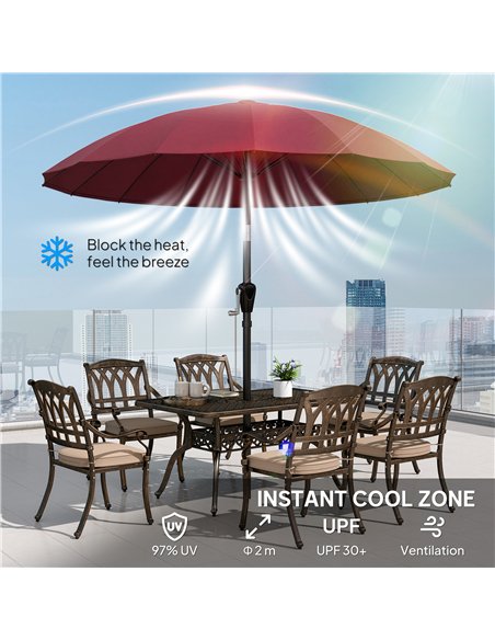 Outsunny 2 m Shanghai Garden Parasol Umbrella with 16 Fibreglass Ribs, Outdoor Parasol Sun Shade with Crank & Tilt, Wine Red - pic 189304 | FastDaddyshop