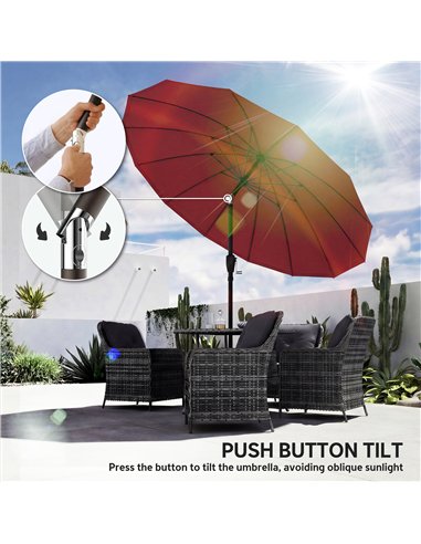 Outsunny 2 m Shanghai Garden Parasol Umbrella with 16 Fibreglass Ribs, Outdoor Parasol Sun Shade with Crank & Tilt, Wine Red